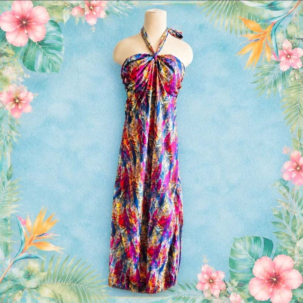 Attention Multi Color Feather Print Halter Maxi Dress Size L